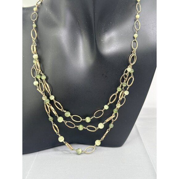 Layered Jade Green Pearl Gold Chain Multistrand Statement Necklace - Picture 2 of 5